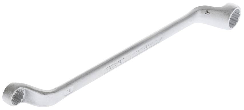 Srebrny klucz oczkowy z dwoma końcami o różnej wielkości, każdy z okrągłym profilem.