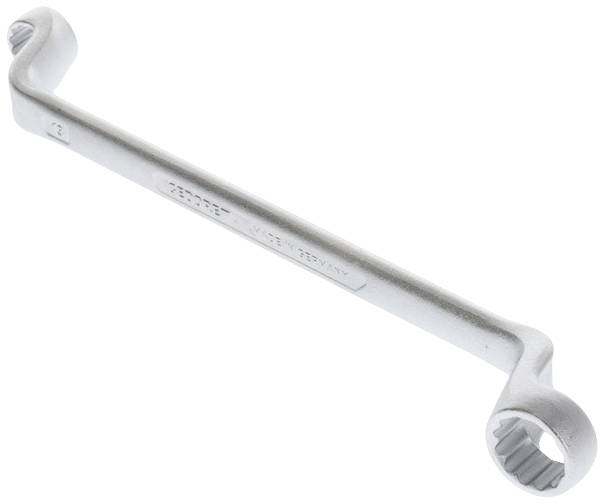 Podwójny klucz oczkowy w kolorze srebrnym; na obu końcach otwory w kształcie pierścieni o różnych rozmiarach do mocowania śrub.