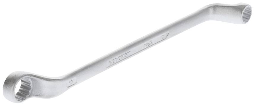 Srebrny klucz oczkowy o podwójnym rozmiarze, zakrzywiony na obu końcach, przystosowany do różnych rozmiarów śrub.