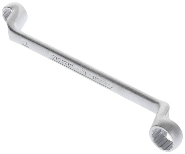 Srebrny klucz oczkowy dwustronny o różnych rozmiarach końcówek. Przydatny do odkręcania lub dokręcania nakrętek i śrub.