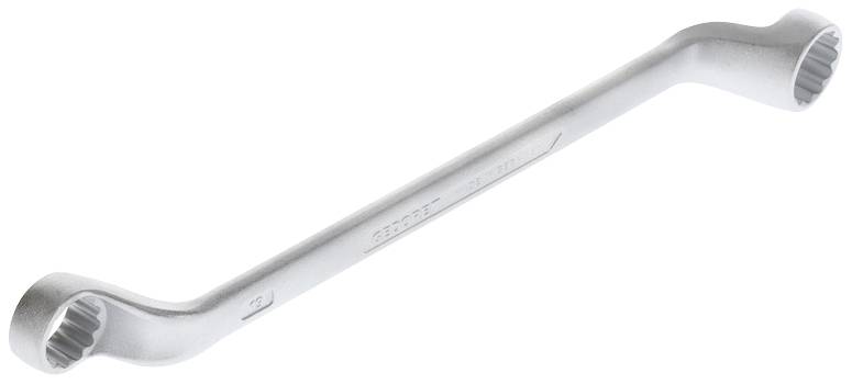 Podwójny klucz widełkowy wykonany z metalu, posiadający dwa różnej wielkości, okrągłe końce do dokręcania nakrętek i śrub.