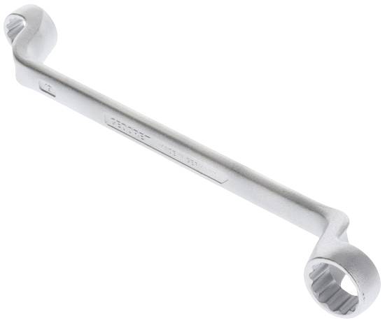 Srebrny klucz do rur z dwoma różnej wielkości, ukośnie wygiętymi końcówkami, służący do dokręcania lub odkręcania śrub i nakrętek.