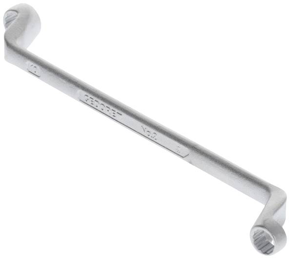 Srebrny klucz nastawny z zakrzywionymi końcówkami rękojeści, odpowiedni do wyspecjalizowanych prac montażowych.