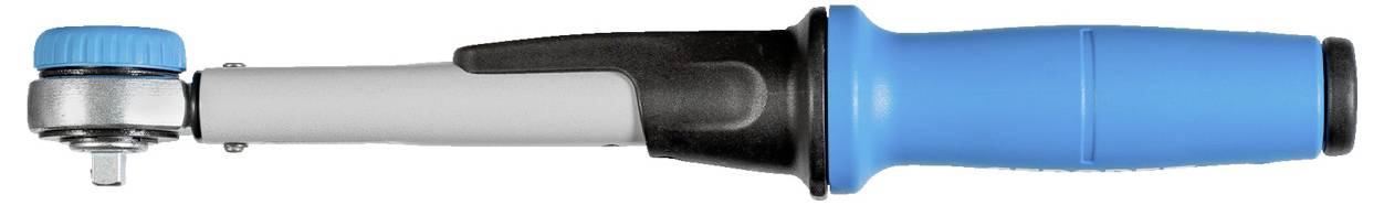 Niebieski i szary klucz nastawny z obrotową głowicą, używany do dokręcania lub poluzowywania śrub w zastosowaniach mechanicznych.