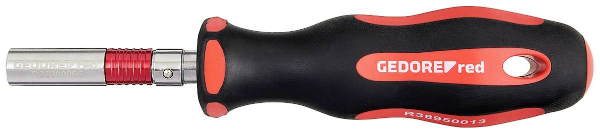 Wkrętak z czerwoną i czarną rączką, marka 'GEDORE red', z wymiennym metalowym wkrętem.