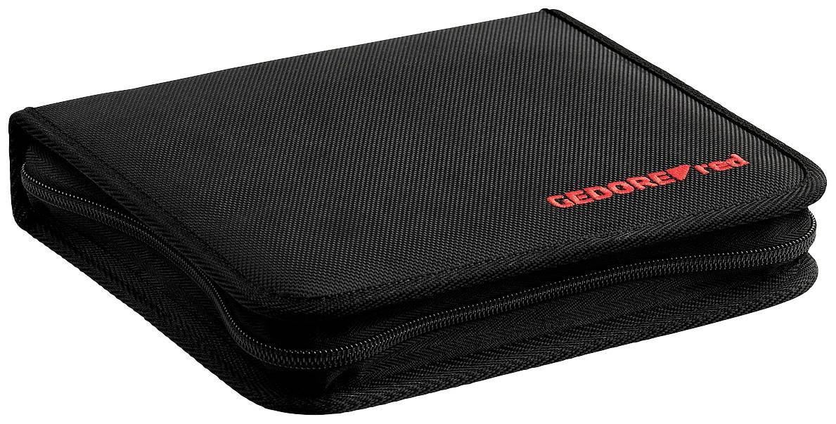 Czarna, zamykana torba materiałowa z zamkiem błyskawicznym i czerwonym nadrukiem logo 'GEDORE red'.