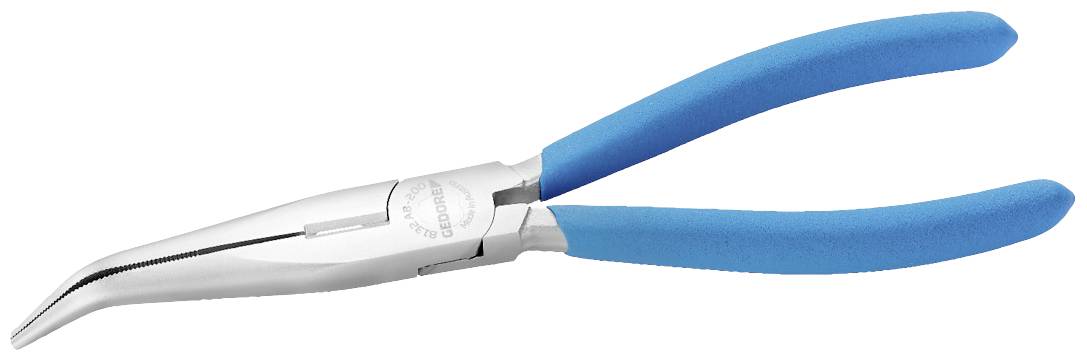 Srebrne szczypce ze spiczastymi końcówkami i niebieskimi uchwytami, lekko zagięte, są prezentowane na neutralnym tle.