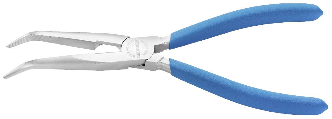 Srebrne szczypce z długimi, wąskimi, lekko zakrzywionymi końcówkami i niebieskimi uchwytami. Idealne do precyzyjnych prac.