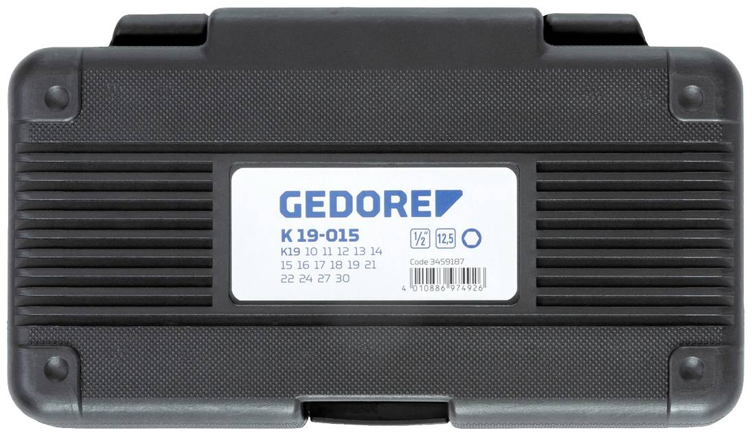 Czarny kufer narzędziowy firmy Gedore, model K 19-015, z listą rozmiarów kluczy nasadowych i kodem produktu na przedniej stronie.