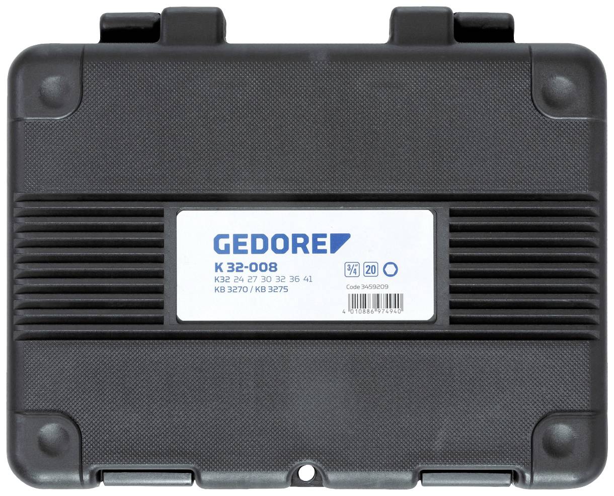 Czarny plastikowy kufer z niebieskim logo 'GEDORE' i numerem modelu K 32-008 na białej etykiecie.