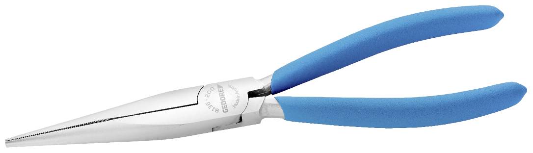 Ostry, srebrny szczypce z niebieskimi uchwytami, często stosowany w pracach rzemieślniczych i elektrycznych.