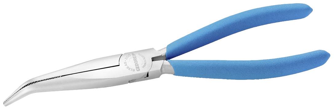 Szczypce boczne o giętym kształcie z niebieskimi uchwytami z tworzywa sztucznego, idealne do precyzyjnego chwytania i cięcia w trudno dostępnych miejscach.