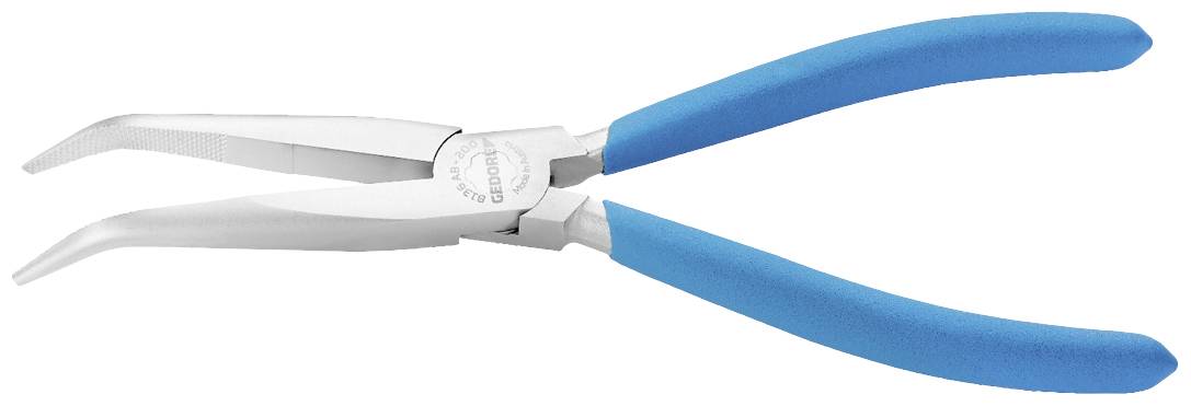Długie, zakrzywione szczypce szpiczaste z niebieskimi uchwytami. Odpowiednie do precyzyjnych prac w trudno dostępnych miejscach.