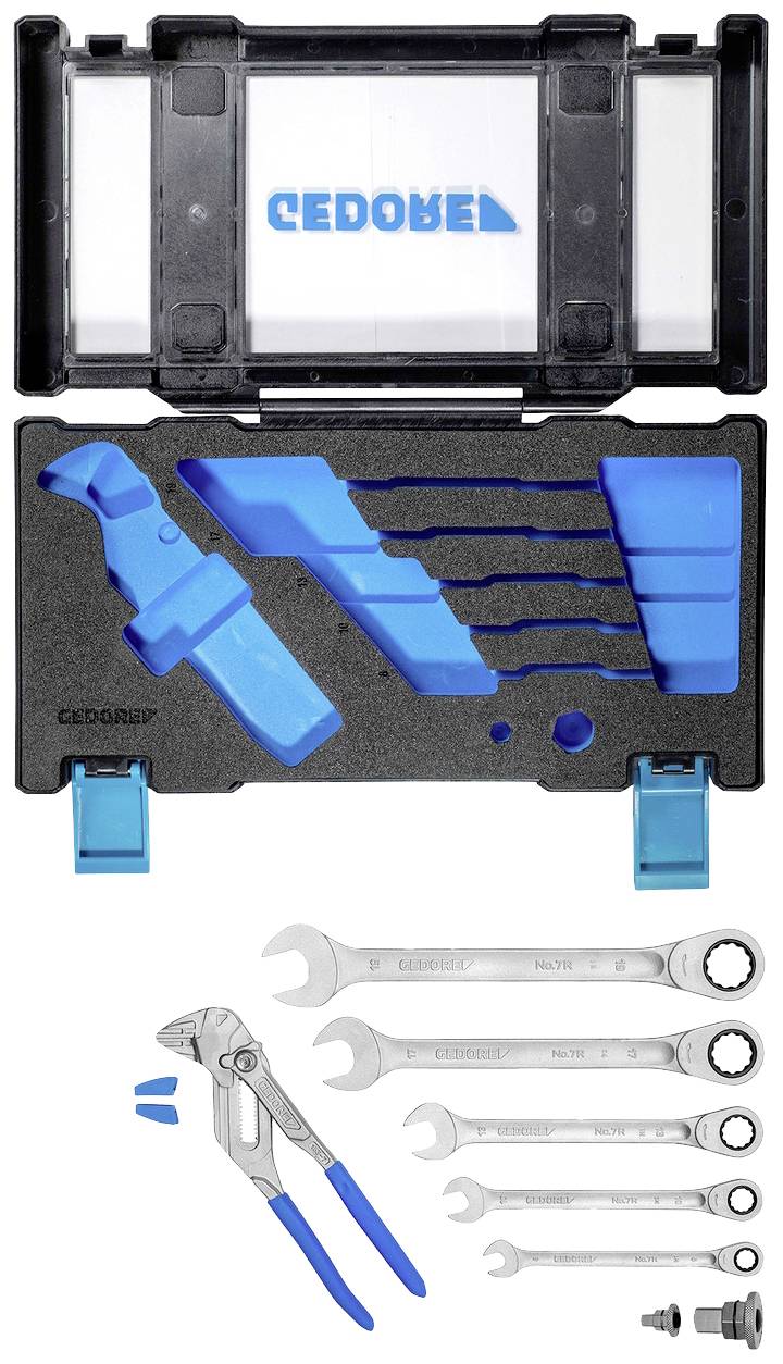 Zestaw narzędzi ze śrubokrętami i szczypcami w otwartej walizce. Walizka posiada wyznaczone miejsca dla każdego narzędzia.