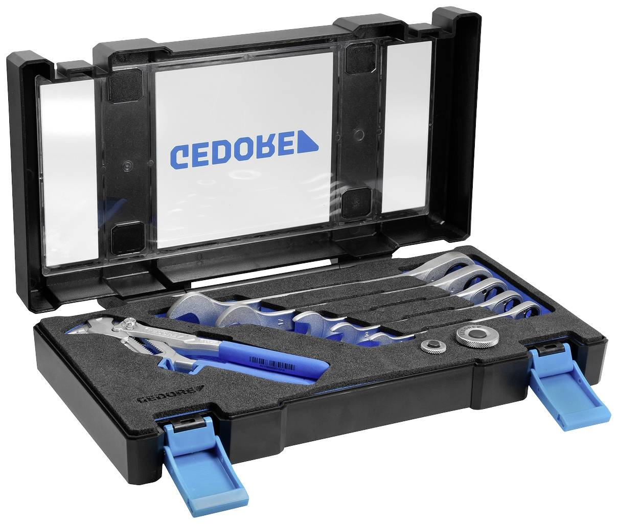 Czarny kufer narzędziowy z otwartą pokrywą prezentuje różne klucze, szczypce i śruby, ułożone w niebieskim wkładzie.