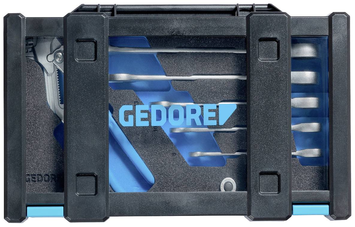 Czarny zestaw narzędzi, zawierający komplet kluczy sześciokątnych. Widoczne logo 'GEDORE'. Solidna i dobrze zorganizowana budowa.