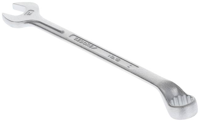 Srebrny klucz nastawny z otwartą i wygiętą stroną pierścieniową, na której wygrawerowane jest logo oraz rozmiar '12-13'.