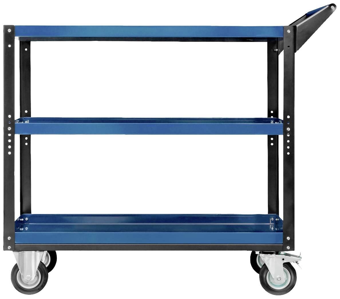 Niebieski wózek warsztatowy z trzema półkami i uchwytem, idealny do przewożenia narzędzi lub materiałów w warsztacie.