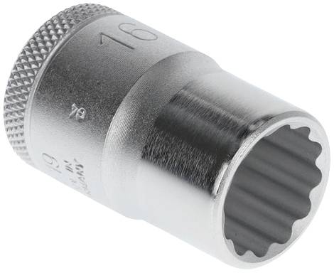 Metalowy klucz nasadowy o rowkowanej powierzchni, na zdjęciu oznaczony rozmiarem 16 mm.