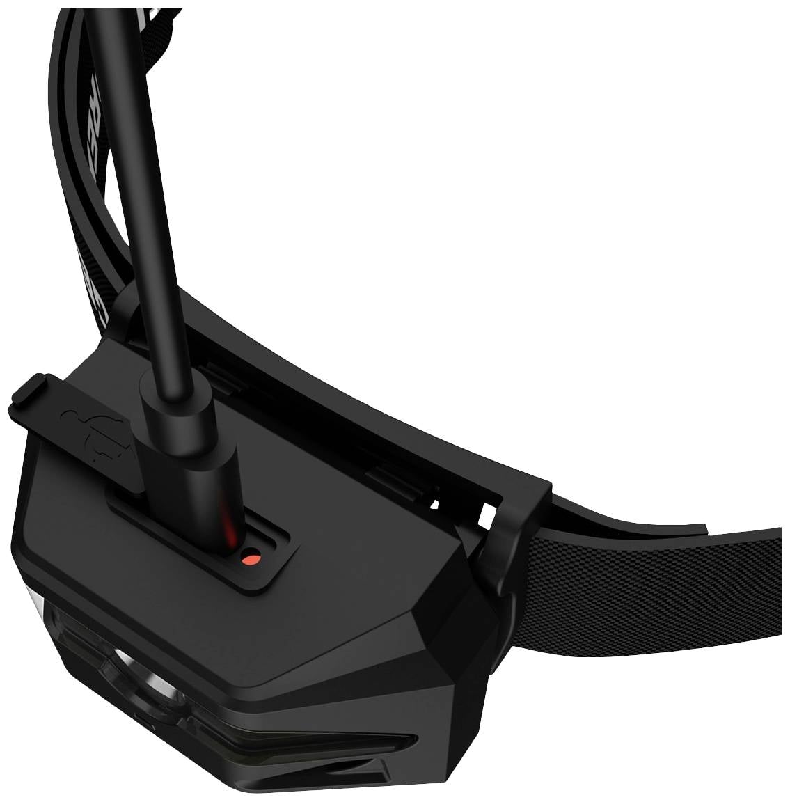 Czarna opaska na głowę z lampką LED i złączem USB do ładowania, sfotografowana z bliska.