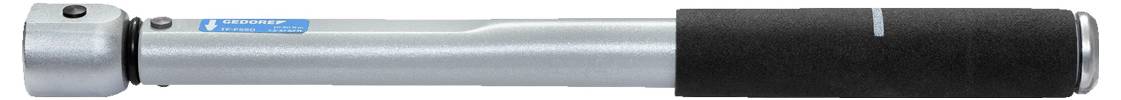 Srebrno-czarny, rurkowaty przyrząd z etykietą i pokrętłem na jednym końcu, prawdopodobnie klucz dynamometryczny używany do precyzyjnego przykładania siły podczas dokręcania śrub.