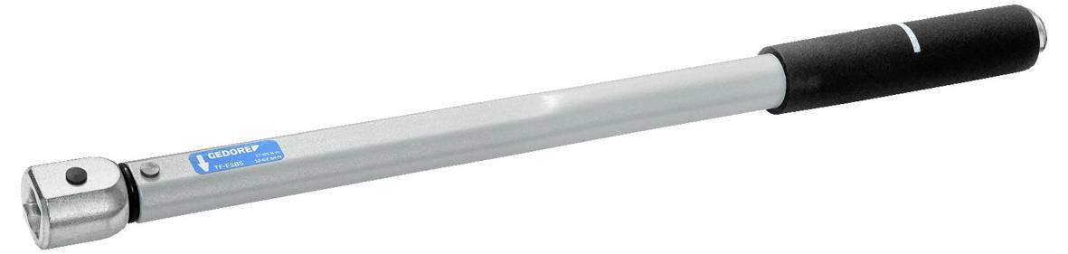 Srebrny klucz dynamometryczny z czarną rękojeścią i widoczną niebieską etykietą na metalowym trzonie.