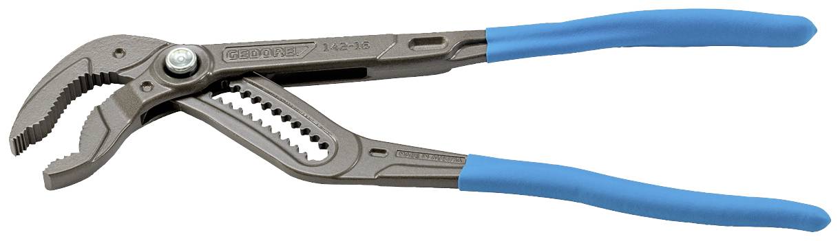 Szczypce do pompy wodnej z niebieskim uchwytem gumowym i regulowanym przegubem, dostosowujące się do różnych rozmiarów śrub.