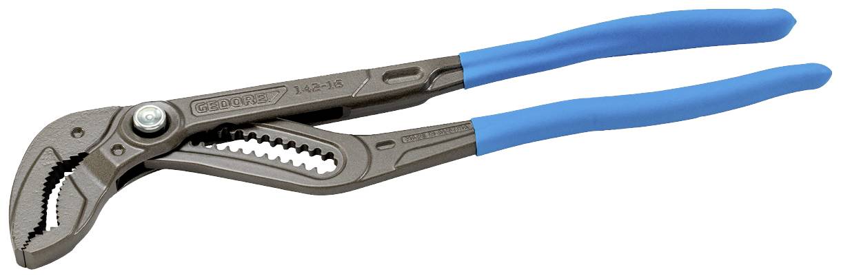 Nastawiane szczypce do rur z niebieskimi uchwytami, przeznaczone do chwytania i obracania różnych połączeń rurowych i śrubowych.