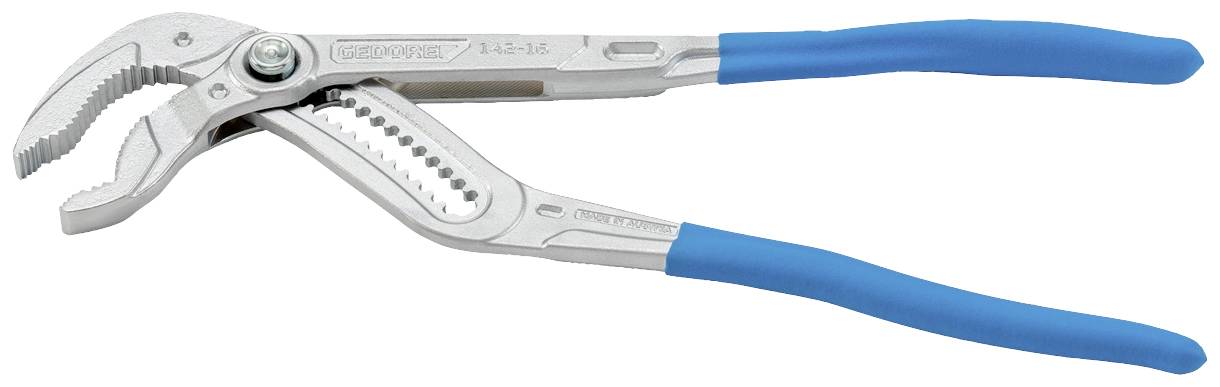 Szczypce do rur z niebieskimi uchwytami, odpowiednie do chwytania i trzymania rur lub innych okrągłych przedmiotów.