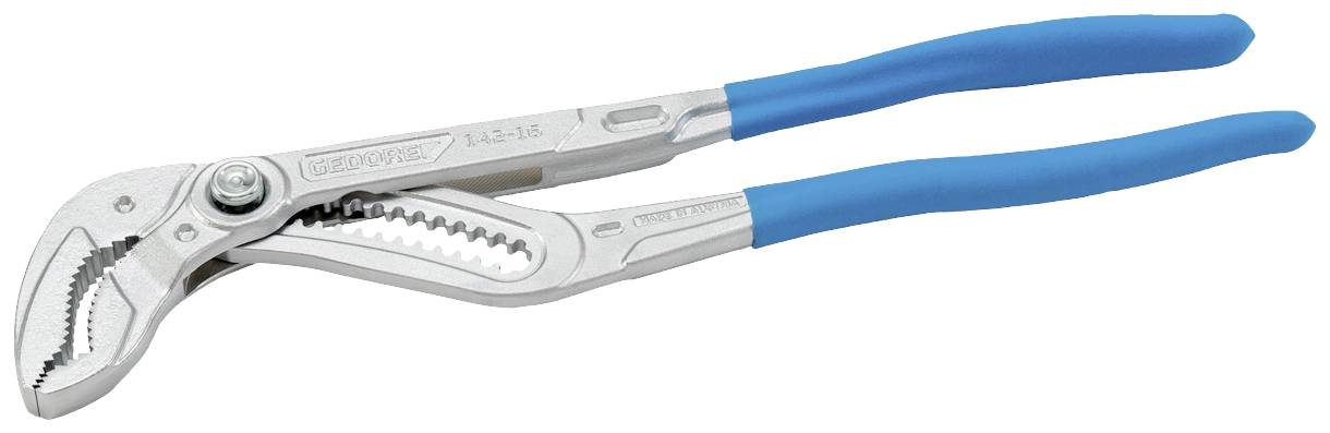 Srebrne szczypce do wody z niebieskimi uchwytami. Mają ząbkowane szczęki do chwytania i zostały lekko rozłożone.