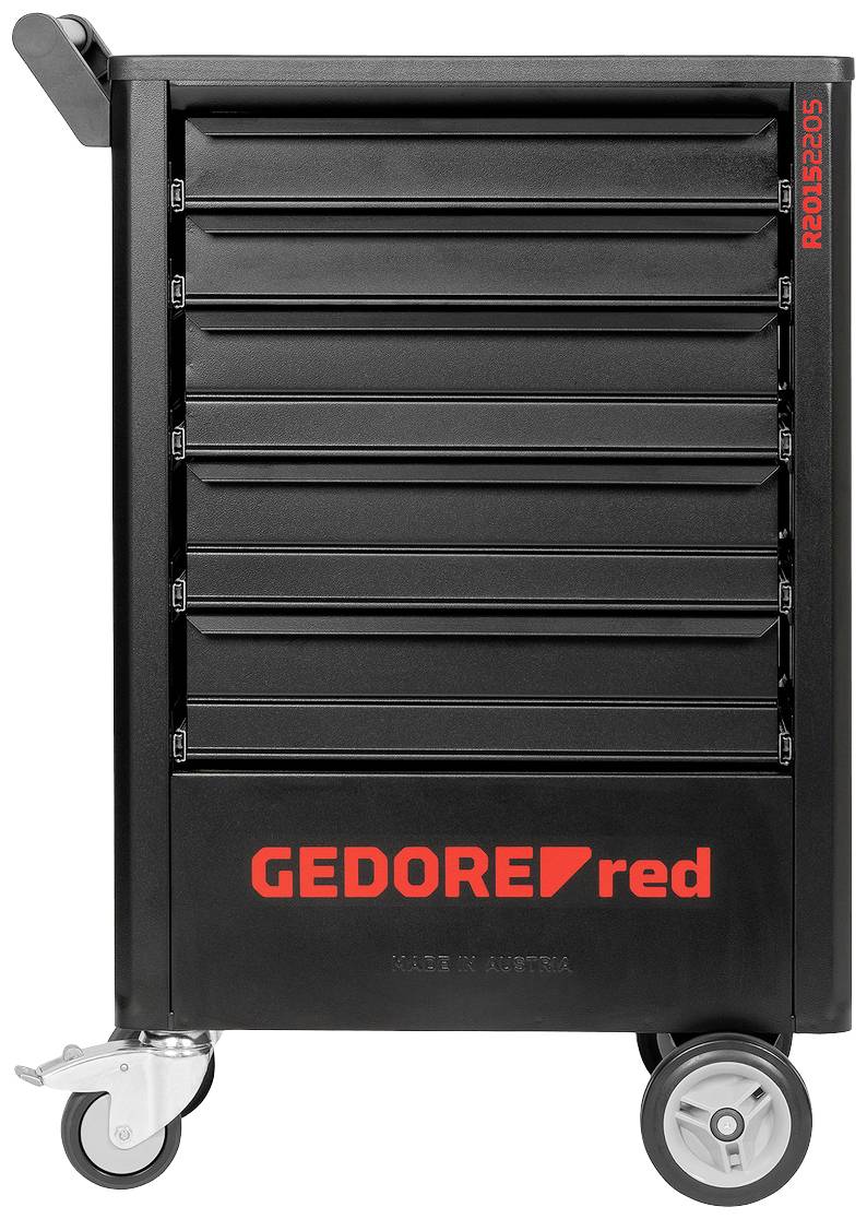 Czarny wózek narzędziowy z czerwonym logo 'GEDORE red'. Wózek posiada kilka szuflad i jest wyposażony w kółka.