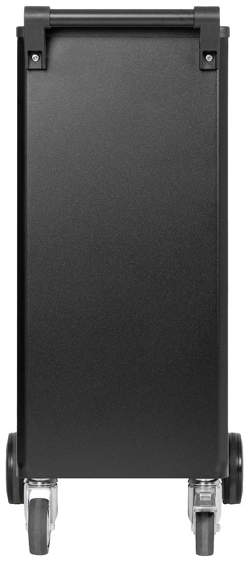 Czarny, wąski wózek serwisowy z uchwytem na górze i kółkami od spodu, idealny do wąskich pomieszczeń lub do transportu.