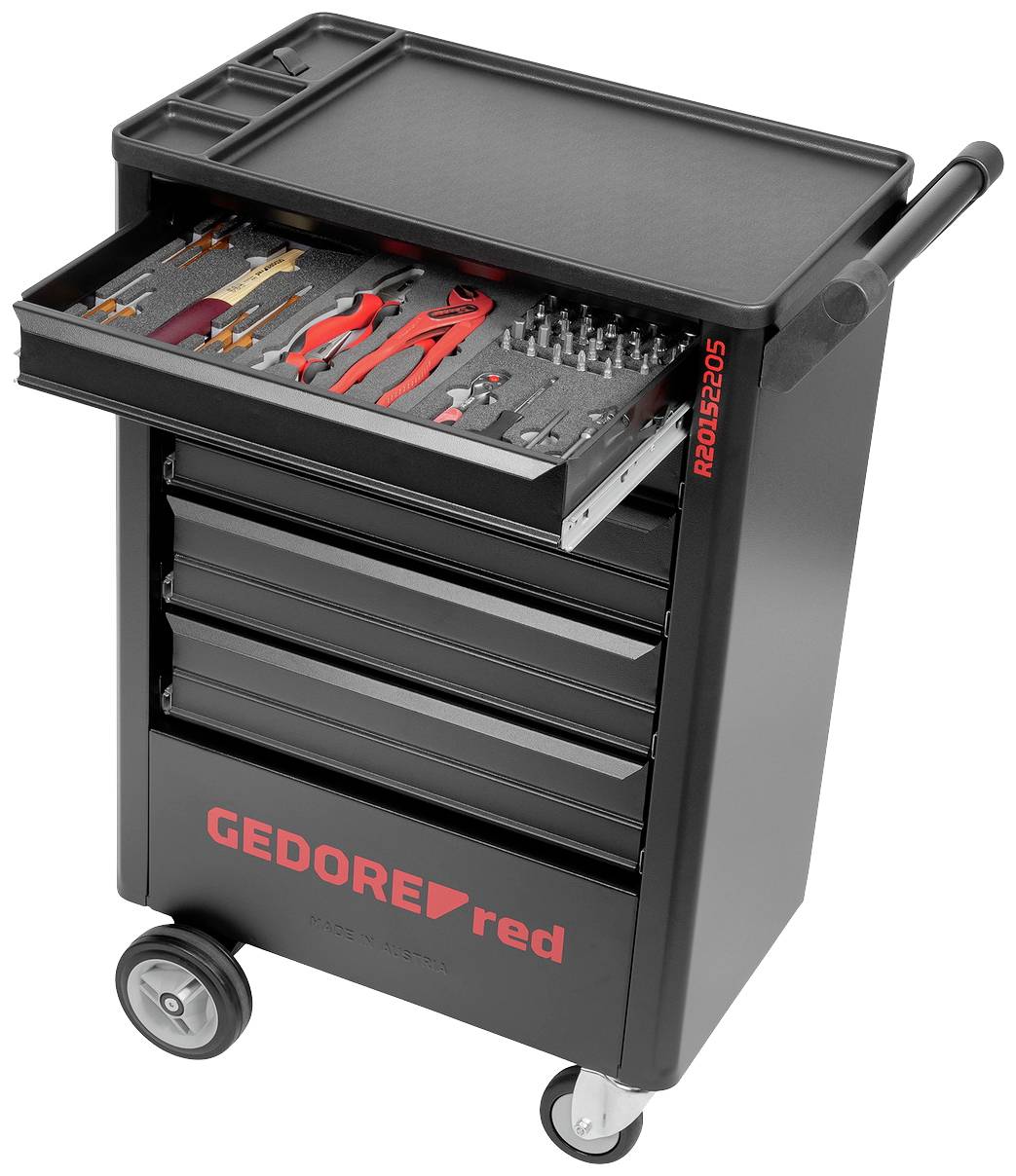 'Wózek narzędziowy z otwartą szufladą pełną różnych narzędzi, w tym śrubokrętów, szczypiec i kluczy nasadowych.'