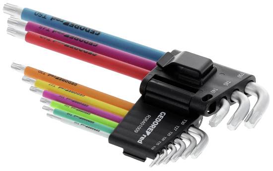 Zestaw kolorowych kluczy imbusowych w kształcie litery L, umieszczonych w czarnym uchwycie. Każdy klucz ma inny kolor.