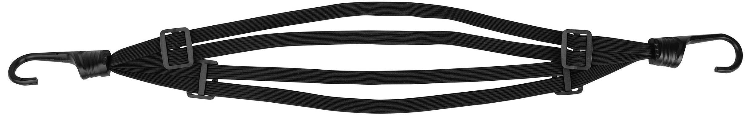 Czarna elastyczna taśma z dwoma hakami na końcach do mocowania i zabezpieczania przedmiotów.