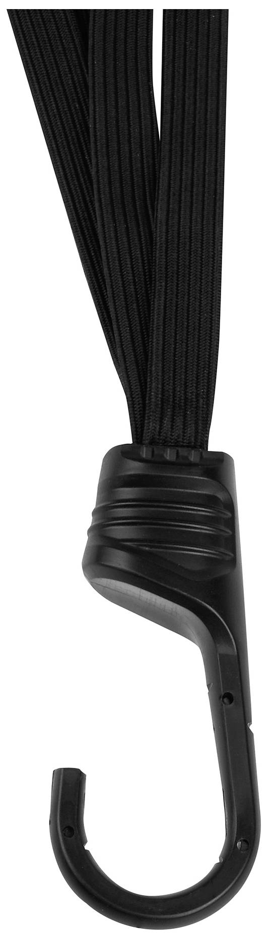 Czarny hak z długą gumką, odpowiedni do zawieszania lub mocowania przedmiotów.