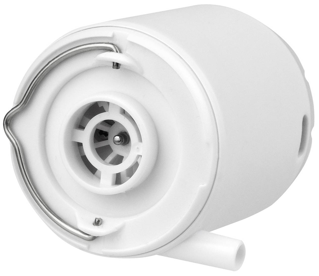 Biały filtr do wody o okrągłym kształcie z metalowym zaciskiem.