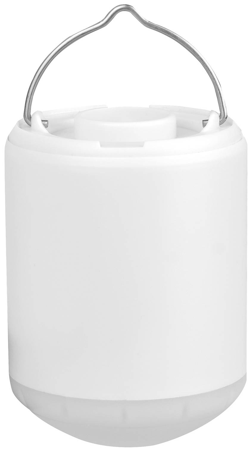 Biały plastikowy pojemnik z uchwytem, prawdopodobnie przenośne światło lub latarnia.