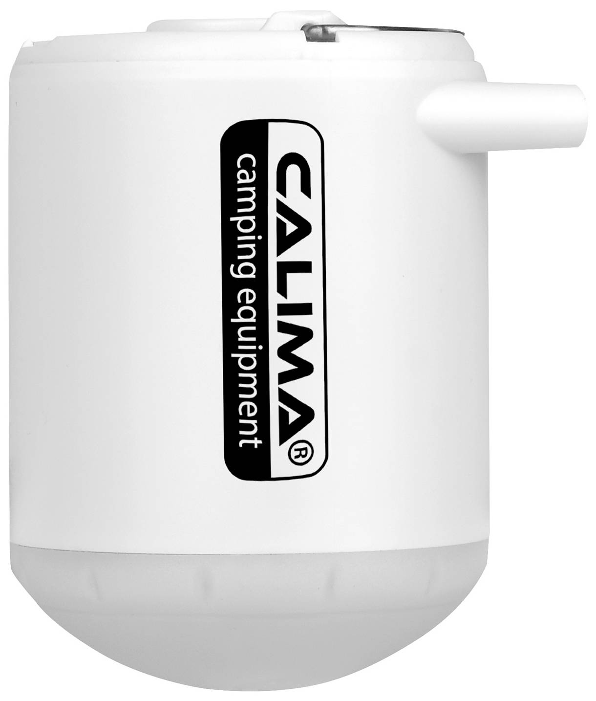 Biały, okrągły pojemnik z nadrukiem 'CALIMA camping equipment'.