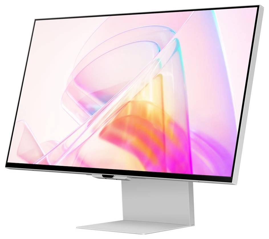 Stylowy monitor z kolorową abstrakcyjną grafiką na ekranie, zamontowany na smukłej białej podstawie.