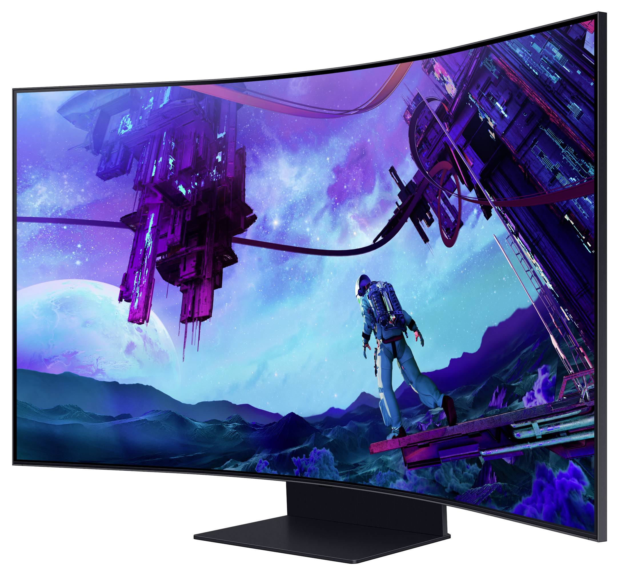 Kolorowy, zakrzywiony ekran przedstawia scenę kosmiczną z astronautą na tle futurystycznej architektury i planety.