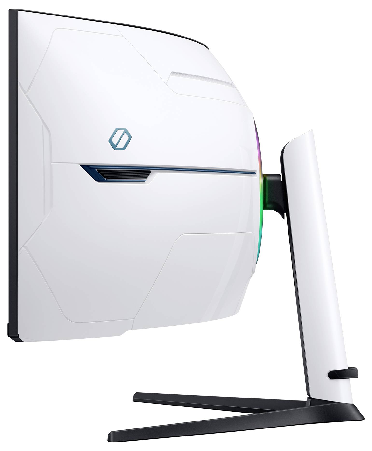 Stylowy biały monitor do gier o futurystycznym designie z podświetleniem RGB, zamontowany na nowoczesnej czarnej podstawce.