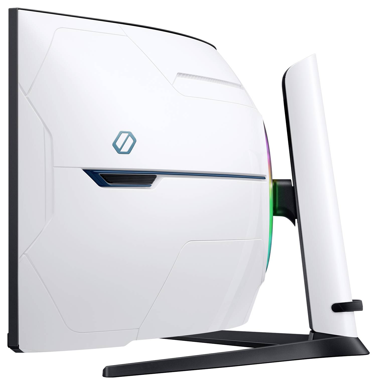 Nowoczesny, biały monitor do gier z zakrzywionym designem i podświetleniem LED, widziany z boku od prawej strony.