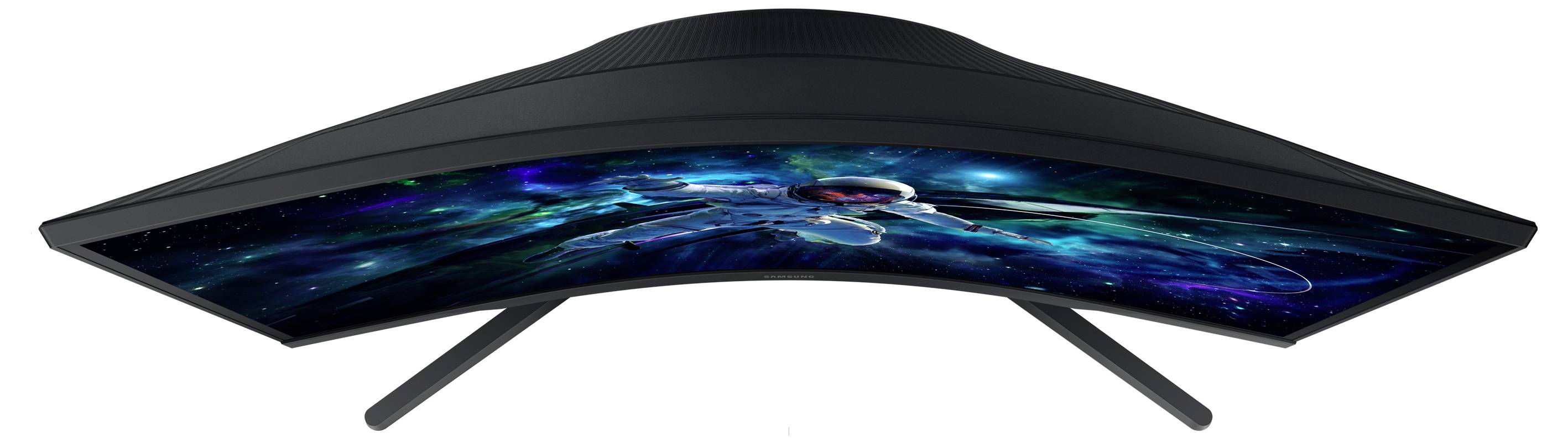 Zakrzywiony monitor wyświetla obraz astronauty w skafandrze, unoszącego się w przestrzeni kosmicznej, otoczonego gwiazdami i galaktykami.