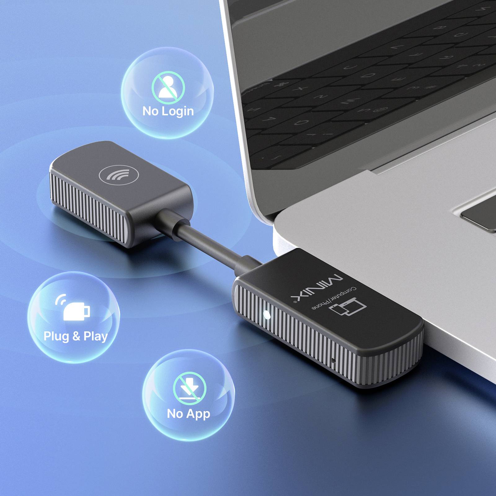 Bezprzewodowy adapter HDMI łączy laptopa z monitorem. Symbole podkreślają 'Brak logowania', 'Plug & Play' oraz 'Bez aplikacji'.