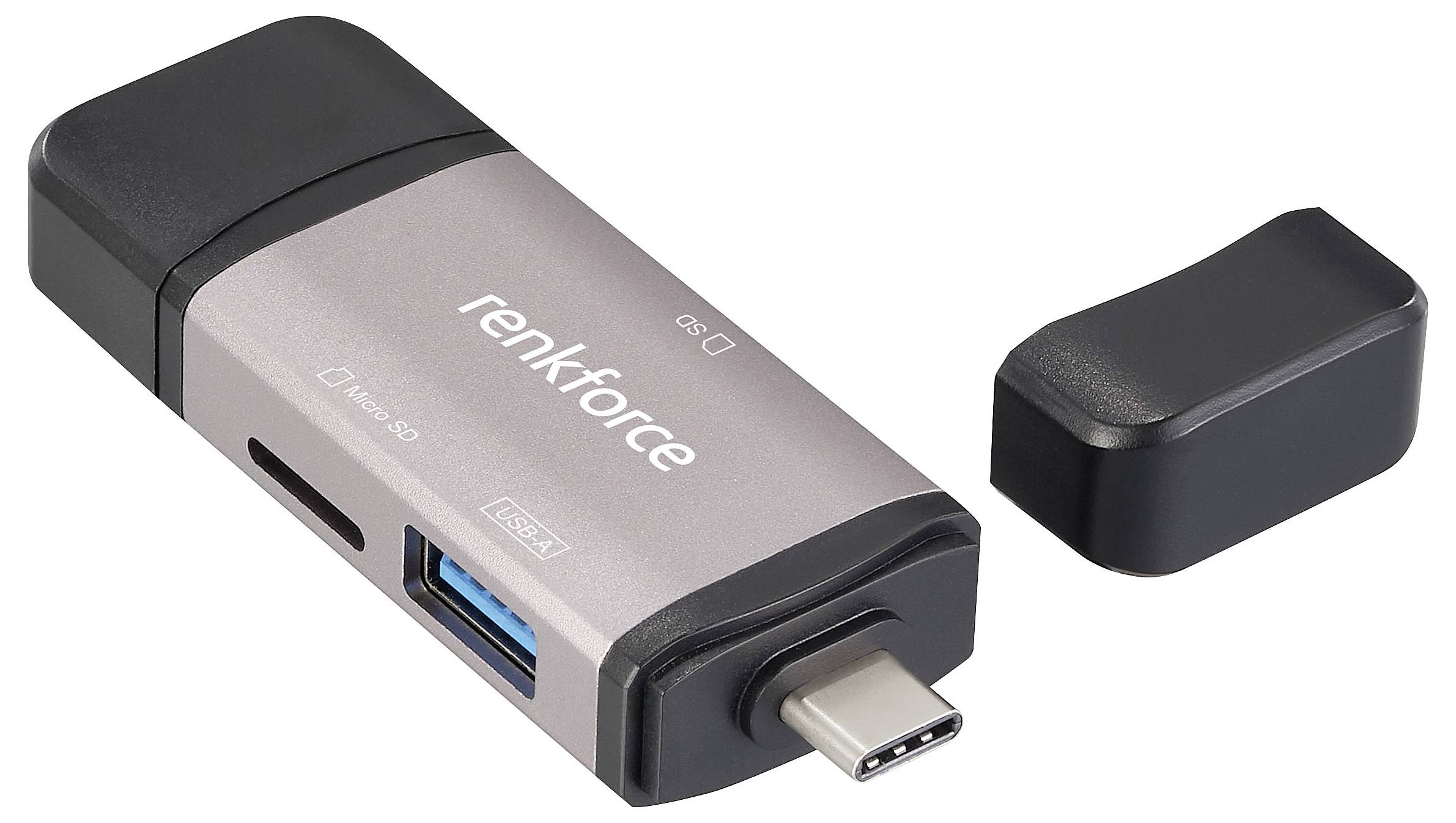 Czytnik kart Renkforce USB-C z gniazdami na microSD i USB, zdejmowaną pokrywą, srebrną obudową, przenośny adapter pamięci.