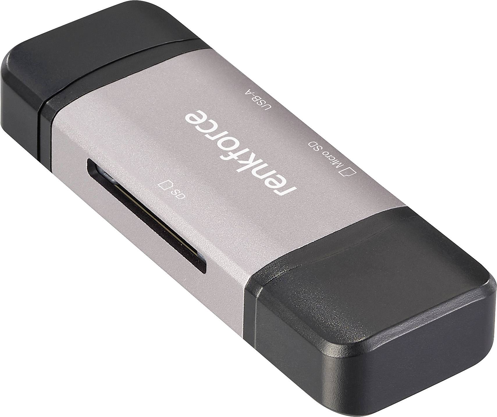 Wieloslotowy czytnik kart USB. Projekt w kolorystyce czarno-srebrnej. Na obudowie nadrukowana nazwa marki 'renkforce'.