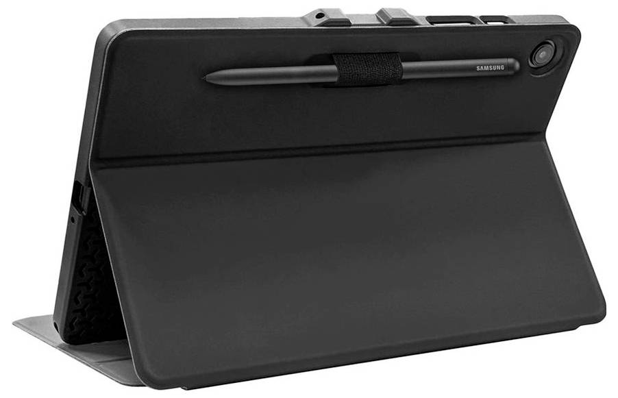 Tablet z etui i rysikiem przymocowanym z tyłu.