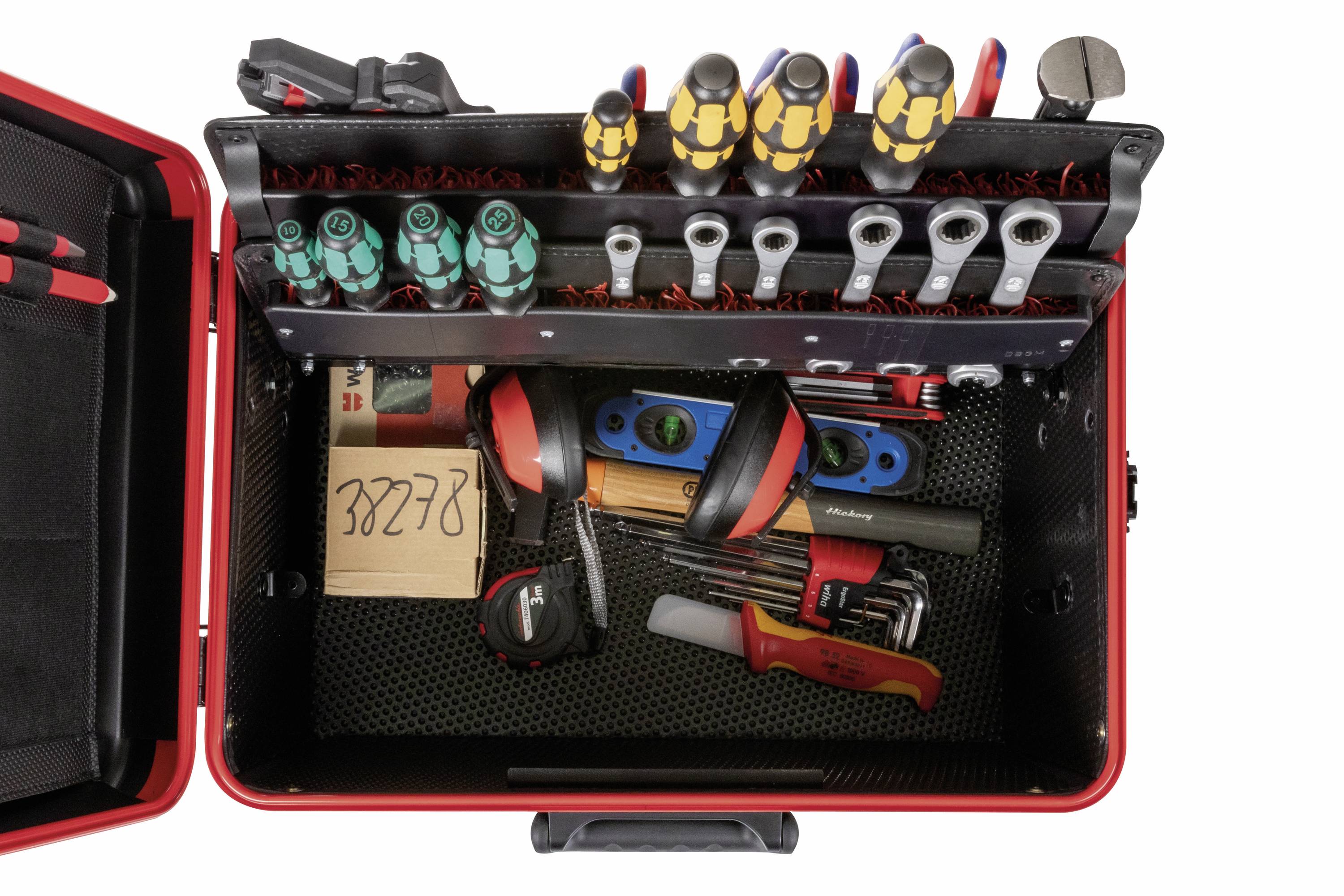 Walizka z różnymi narzędziami, w tym wkrętakami, kluczami, szczypcami i miarką, ułożonymi w porządku i gotowymi do użycia.