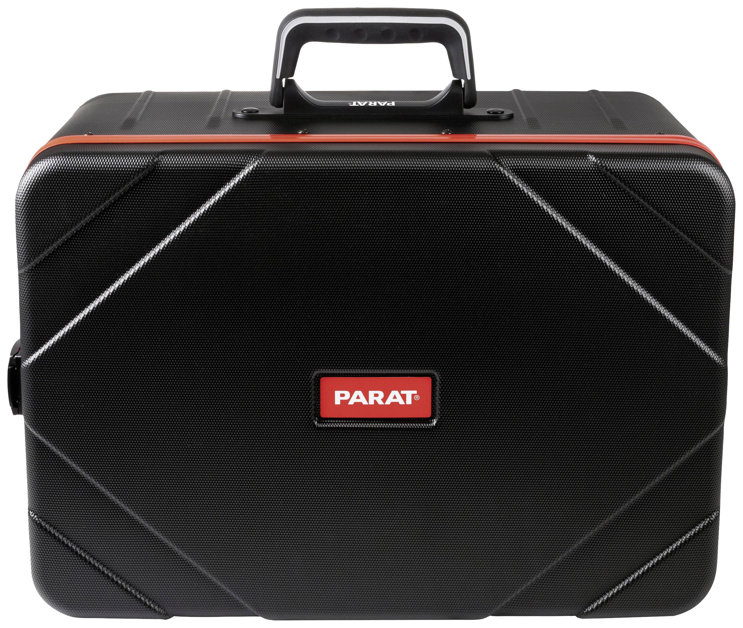Czarny kufer na narzędzia z czerwonym logo 'PARAT' pośrodku, uchwyt do przenoszenia na górze, czerwona linia akcentowa, solidna konstrukcja dla narzędzi.